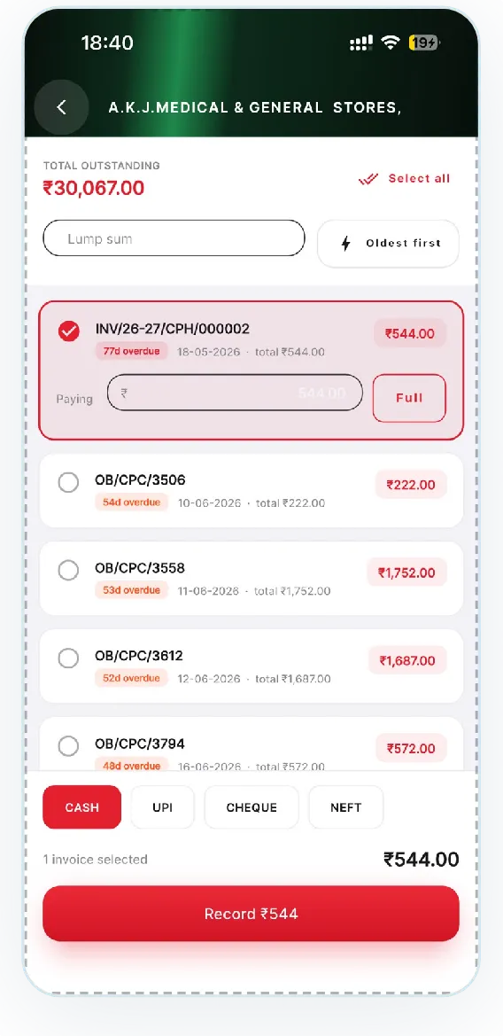 Collecting a payment against a customer's overdue bills in 90mg.