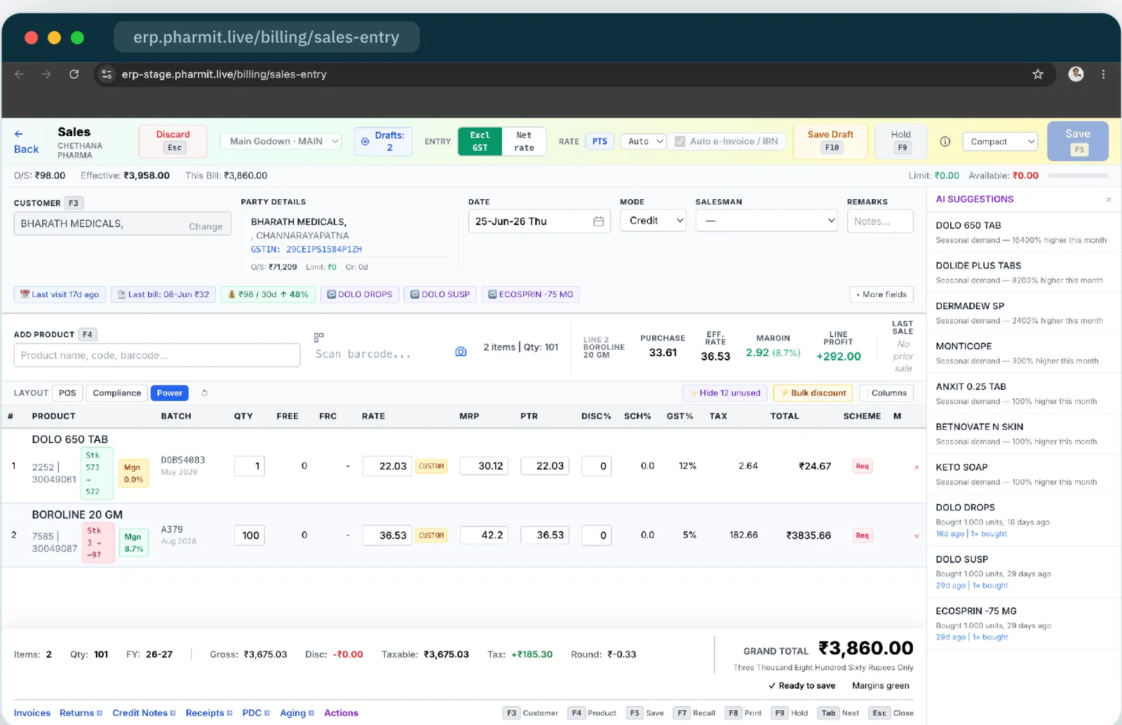 The keyboard-first sales entry grid with batch, MRP, PTR, GST and margin per line, and an AI suggestions panel recommending products from seasonal demand and the customer's buying history.