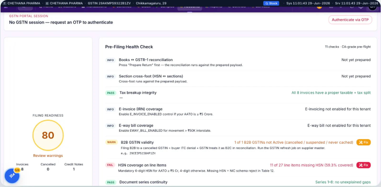 A GST pre-filing health check scoring filing readiness, with pass, warn and fail results for each check and one-click fixes.