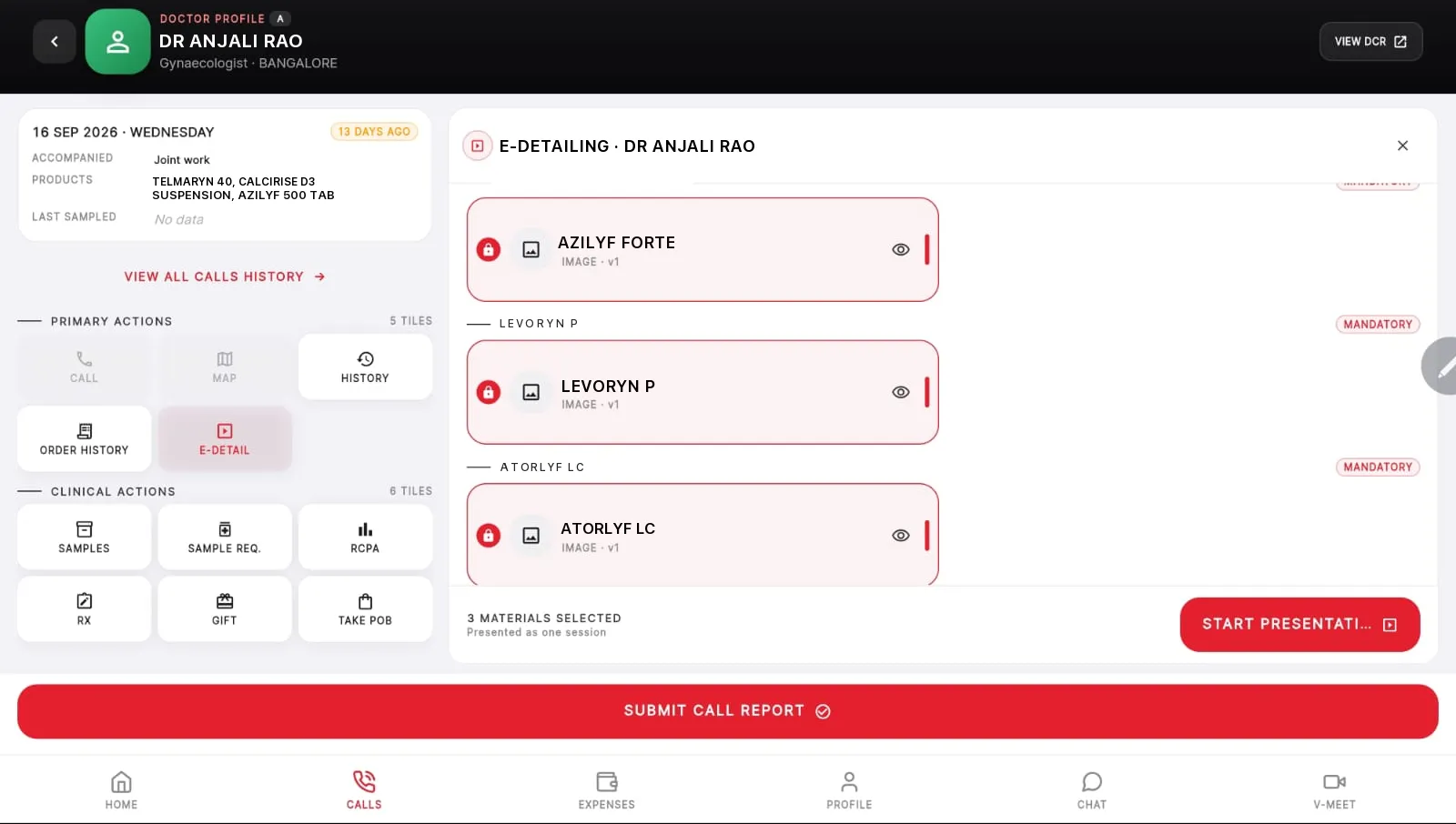 The PharmIT SFA tablet app during a doctor call: call actions on the left and the e-detailing panel on the right with three product materials, two marked mandatory, selected to present as one session.