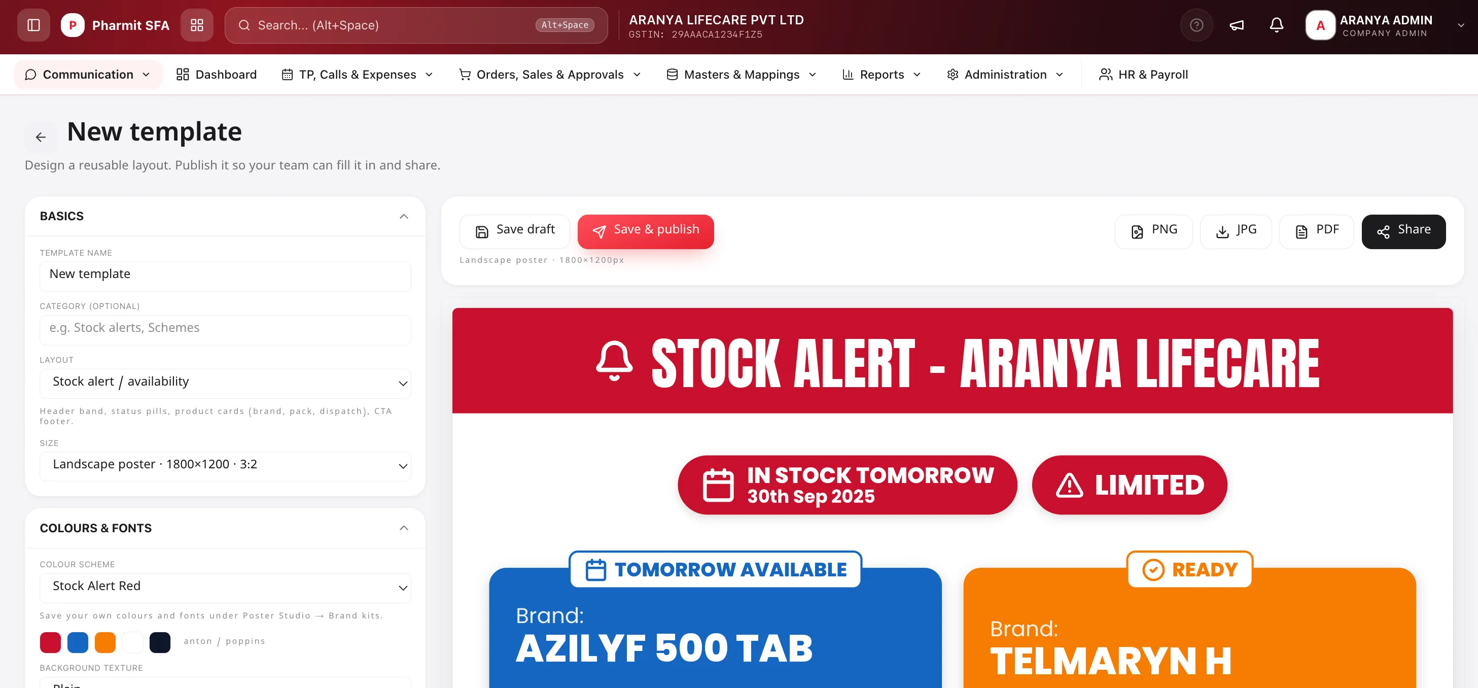 PharmIT SFA Poster Studio designing a stock-alert poster: layout, size and colour-scheme settings on the left, and a live poster with 'In stock tomorrow' and 'Limited' pills and product cards on the right, with PNG, JPG, PDF and Share buttons.